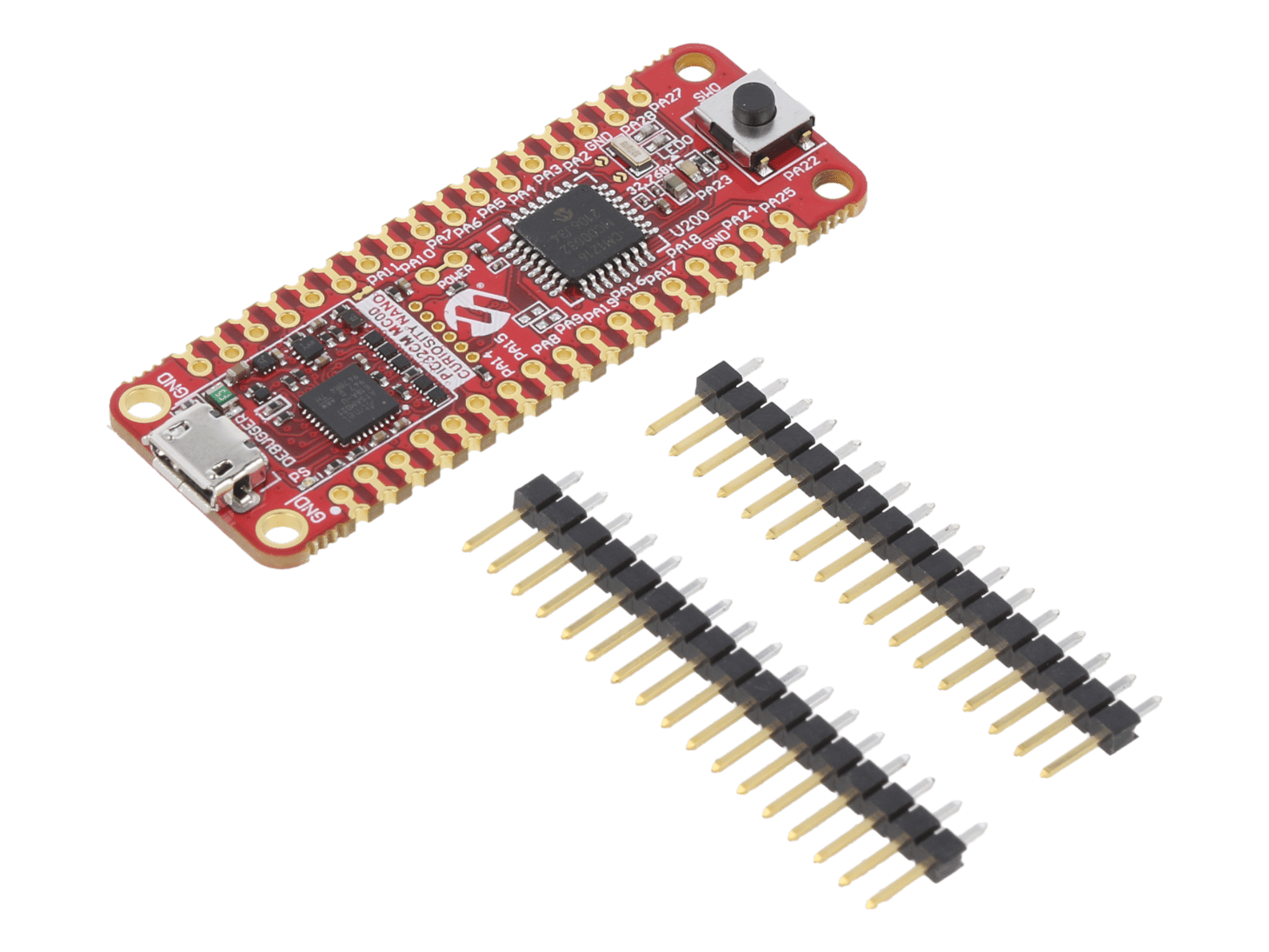 Esempio di una scheda MC Nano che utilizza un chip della serie PIC32CM a 32 bit.