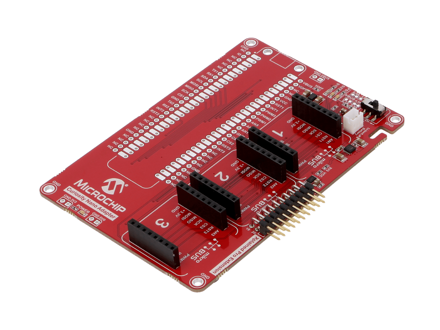 Scheda prototipale Curiosity Nano Base con connettori per moduli Click.