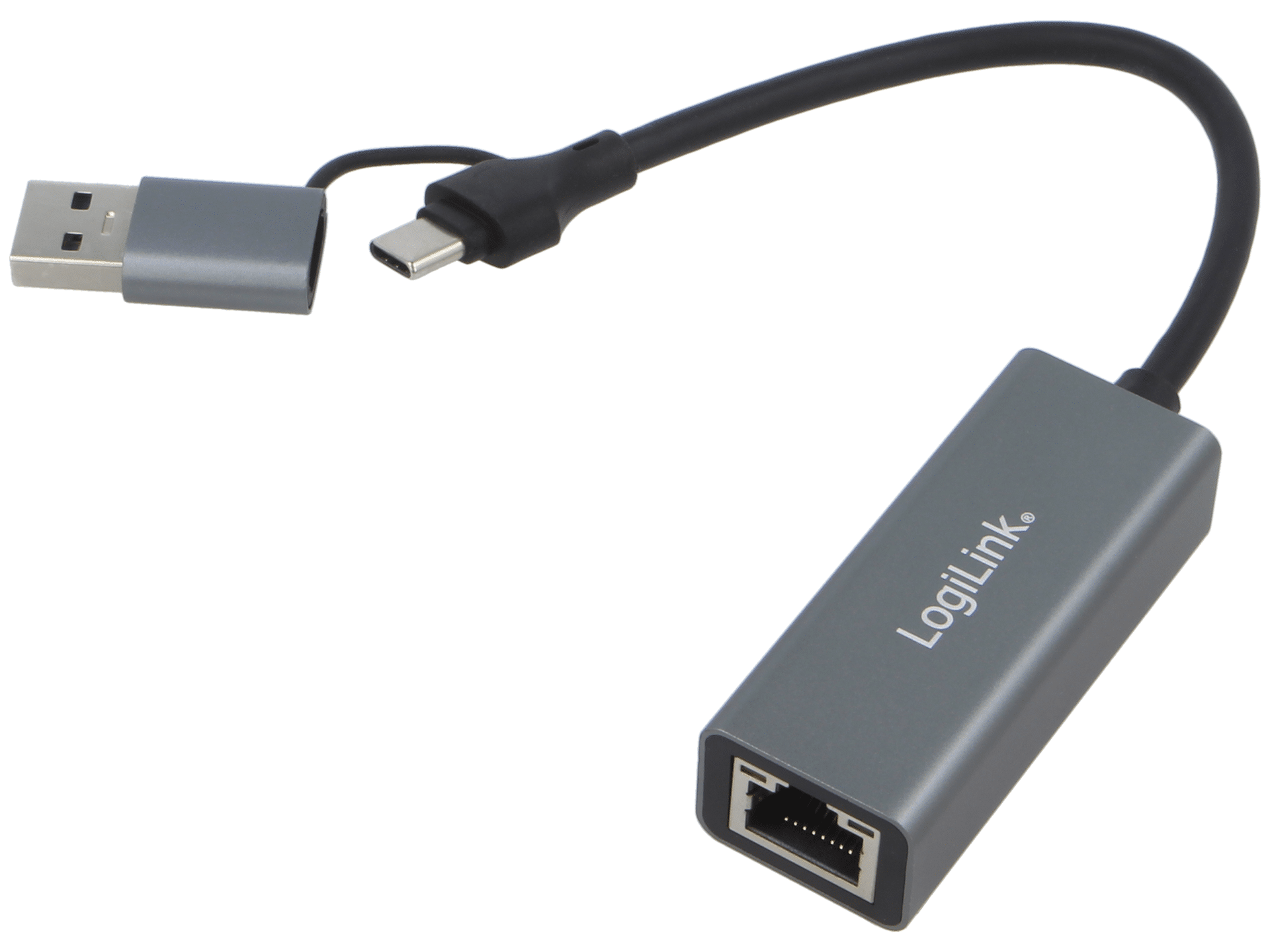 UA0238B USB to Ethernet adapter with RJ45 port for network connection.