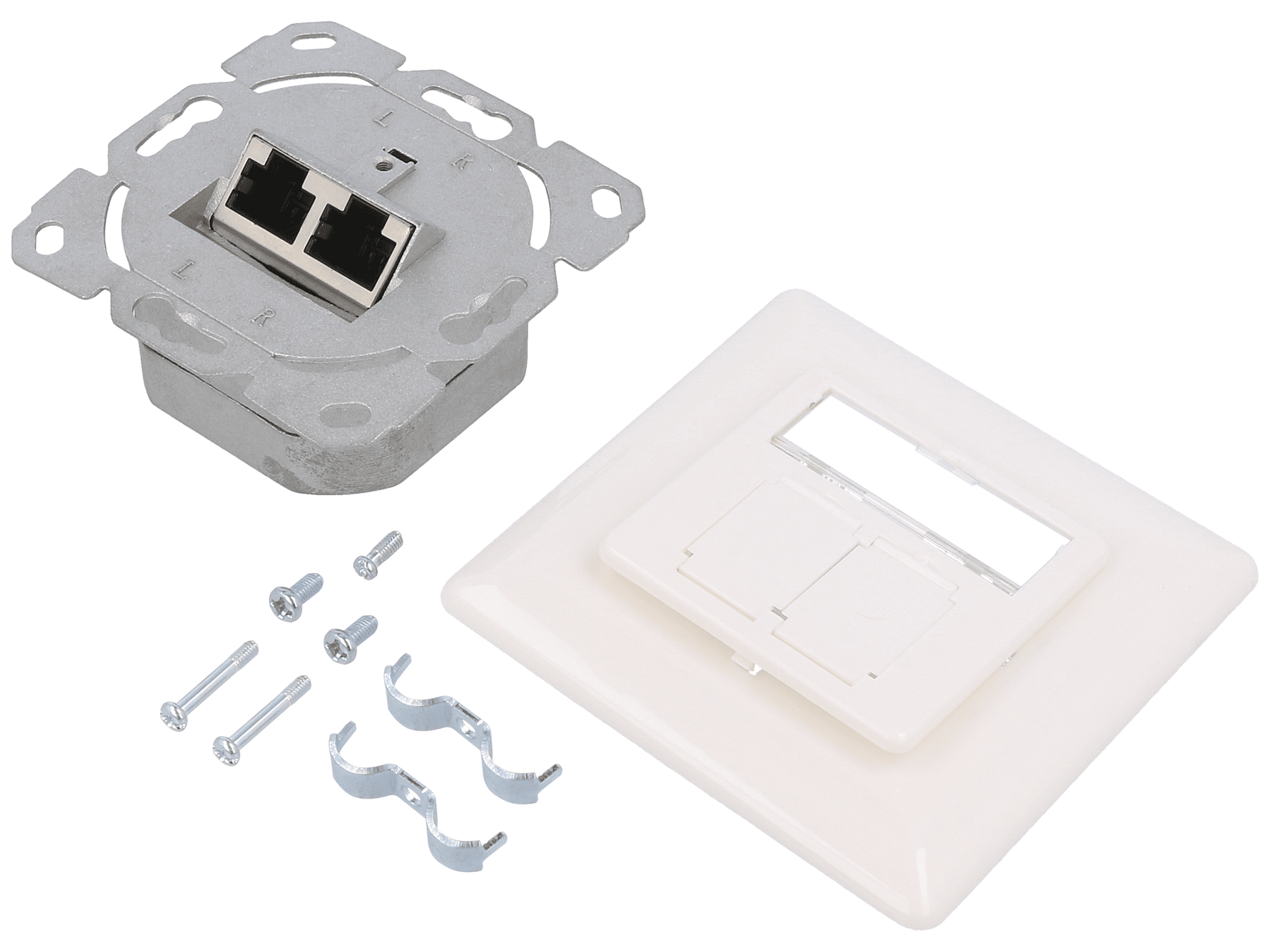 LOG-NP0128 Double RJ45 wall socket with mounting frame.