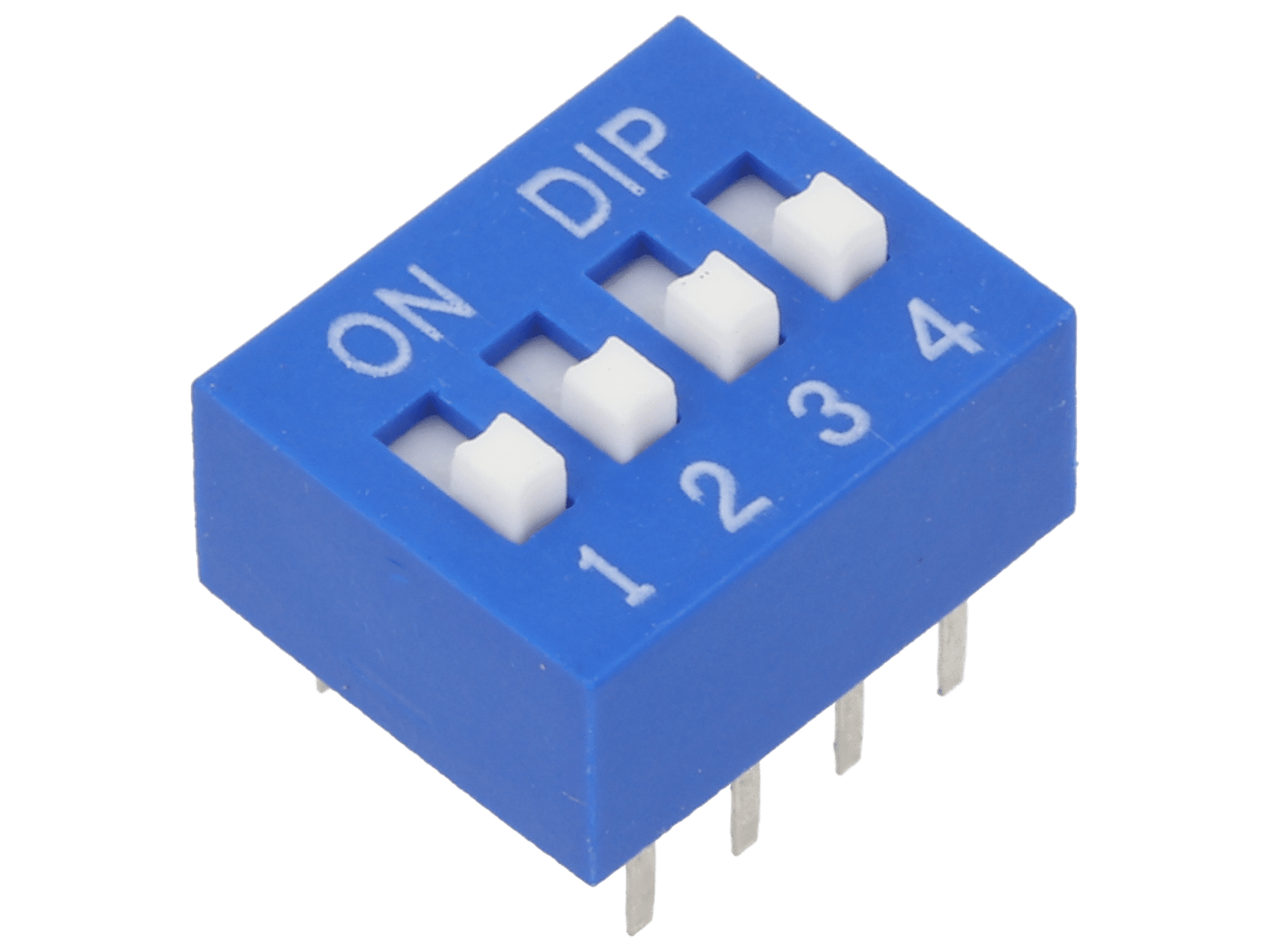 DSE04BGT Four-section DIP-SWITCH ONPOW switch with THT mounting leads and ON markings as well as section numbering.