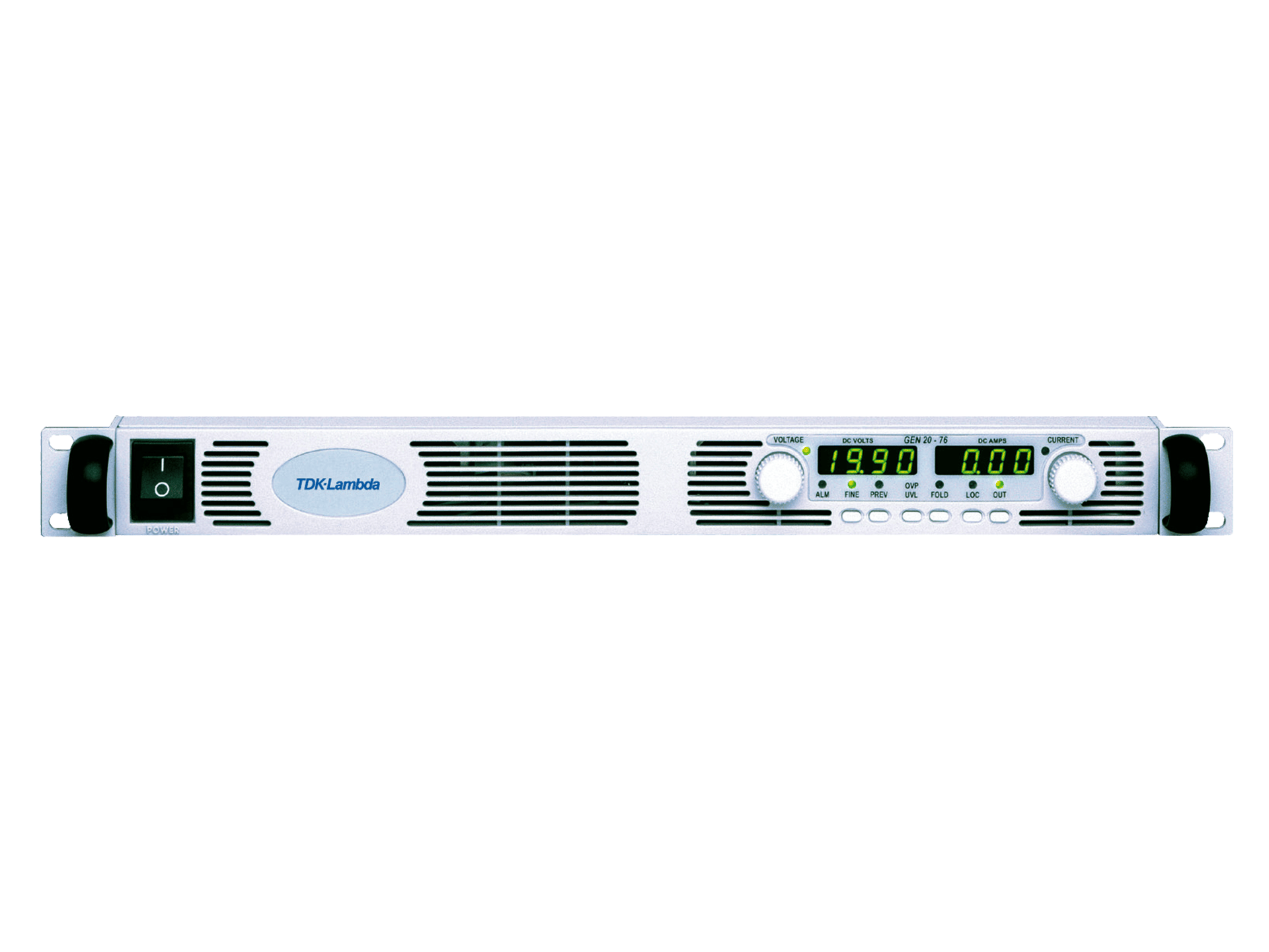 Programmable power supply TDK Lambda GEN in a 19” 1U rack enclosure with dual LED display and voltage and current adjustment knobs on the front panel.